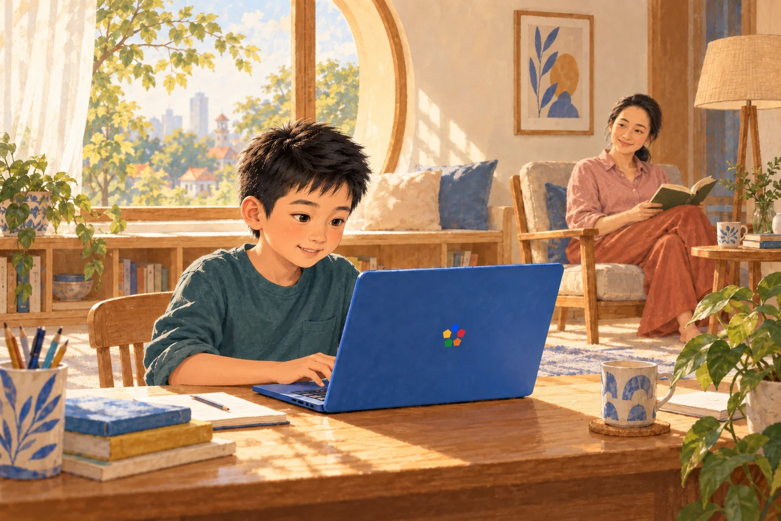 Một bạn nhỏ học trên laptop trong căn phòng đầy nắng, mẹ ngồi đọc sách ở phía sau.