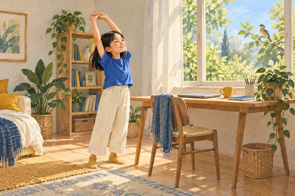 Một bạn nhỏ đứng vươn vai bên cửa sổ, tạm nghỉ sau giờ học trên máy tính.