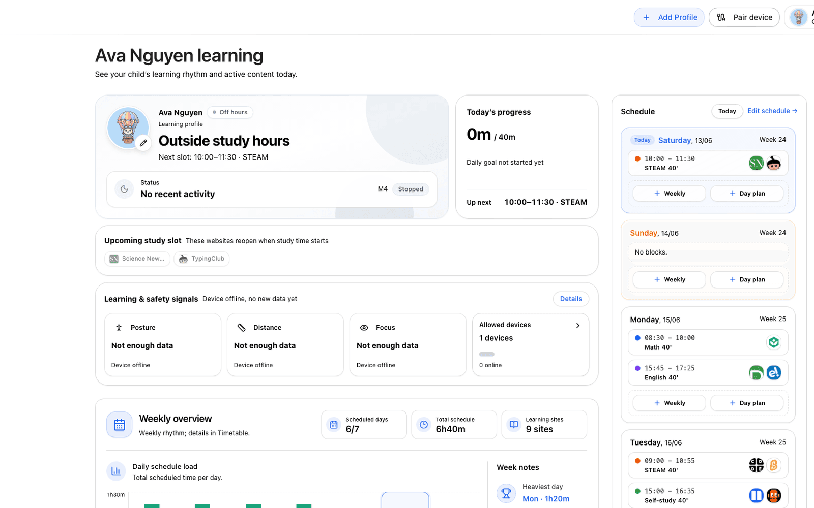 Screenshot of the Chocon parent dashboard with a child profile and learning schedule.