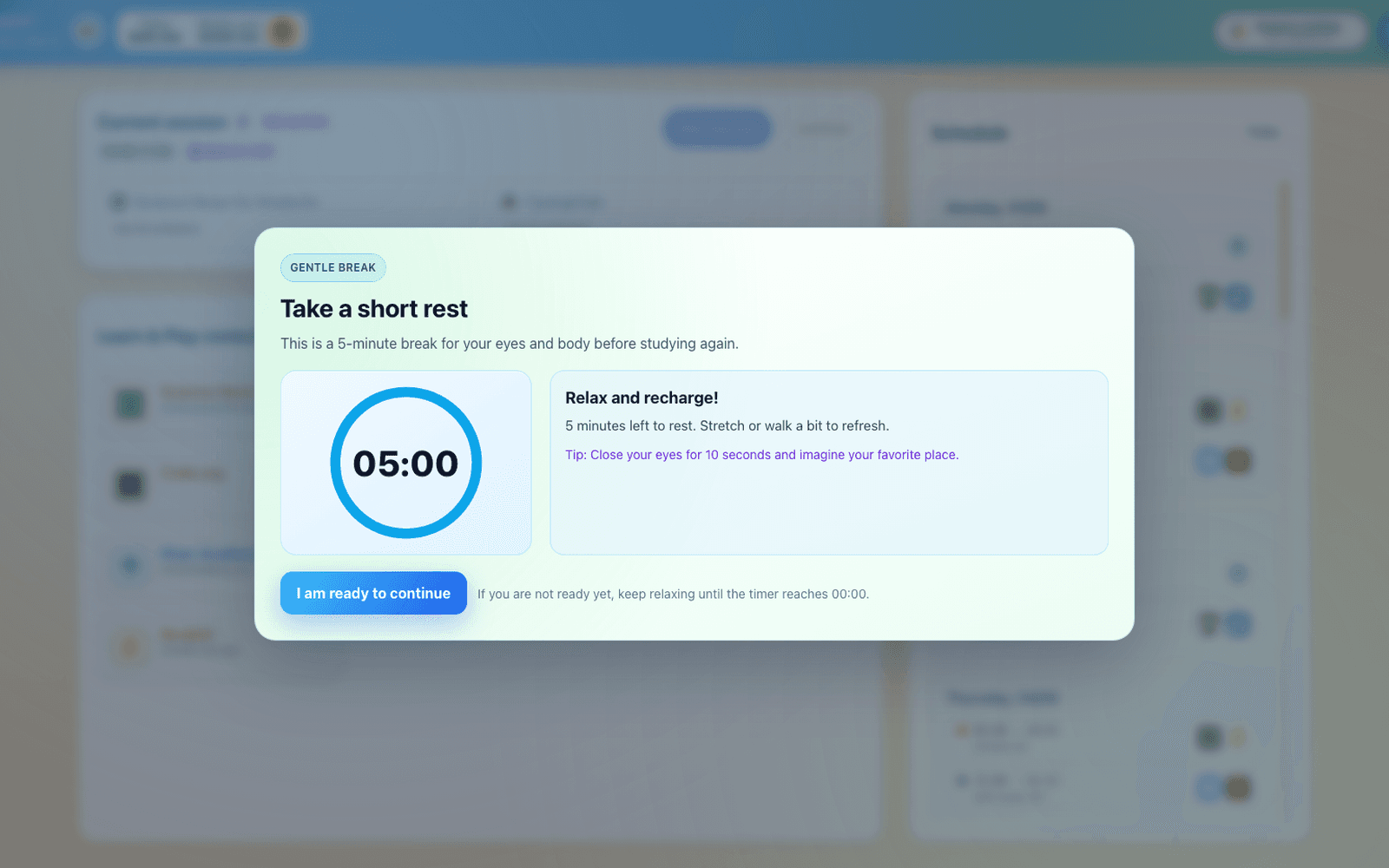 Screenshot of Chocon Desktop showing a break reminder for a child.
