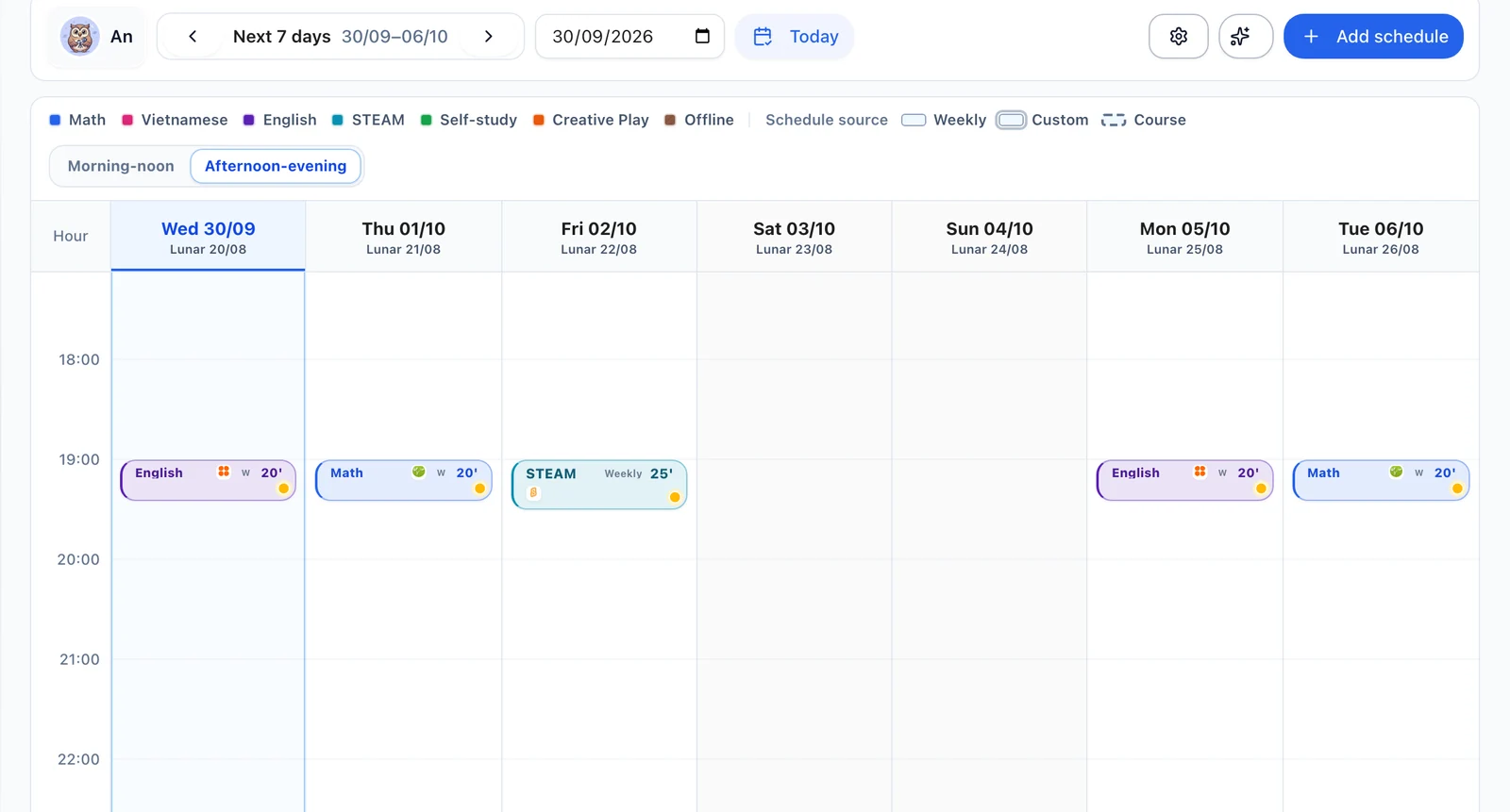 A child’s weekly learning schedule in the Chocon dashboard.