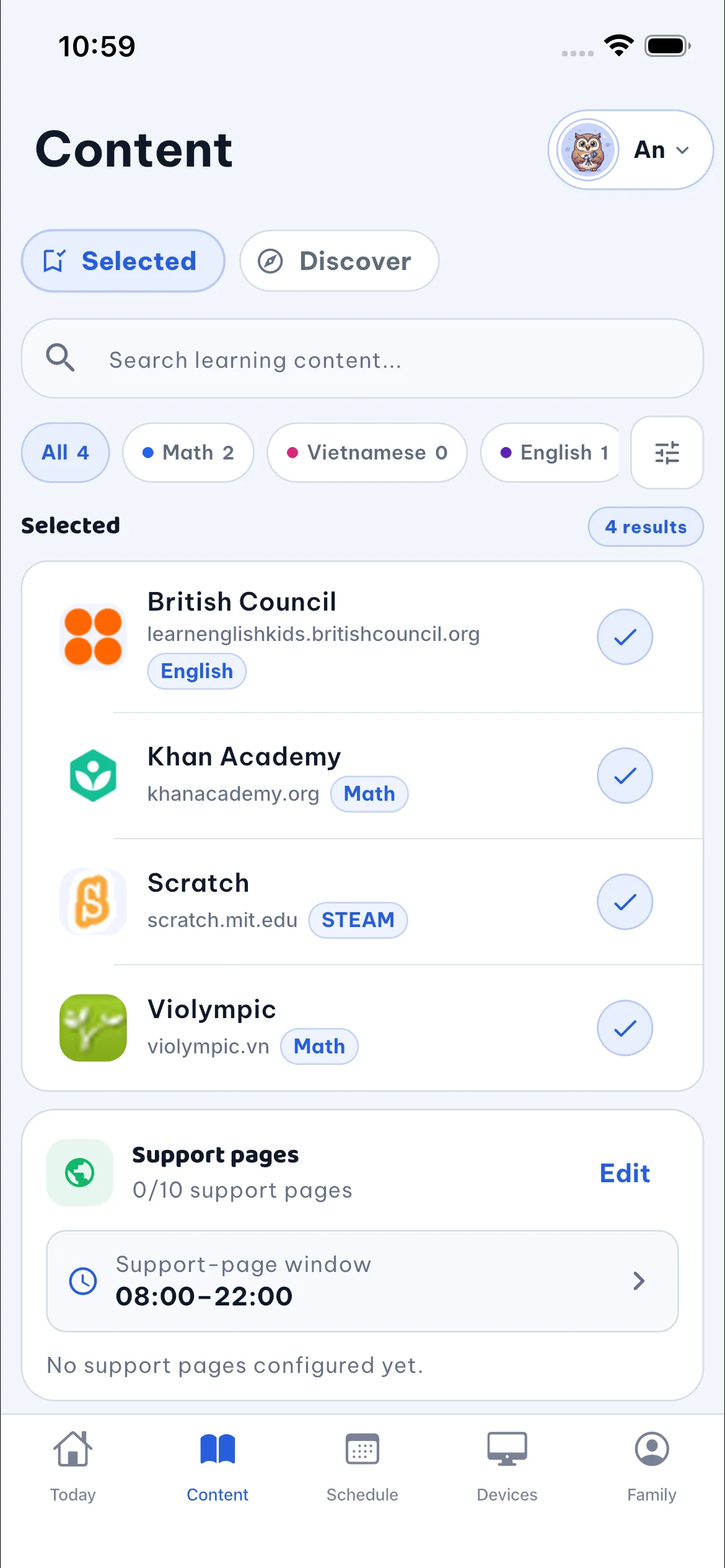 The Chocon parent app on iPhone, showing learning content for An’s profile.